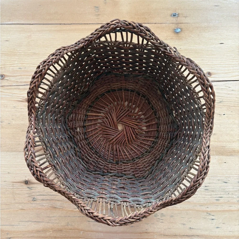 Vintage Woven Round Brown Basket with Patina